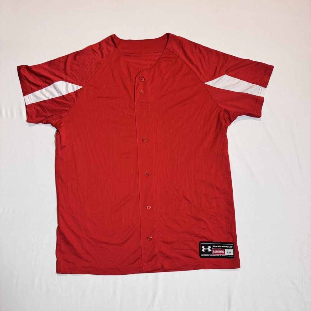 Under Armour Men's Large Button Up Shirt Red Athletic Baseball Jersey Style